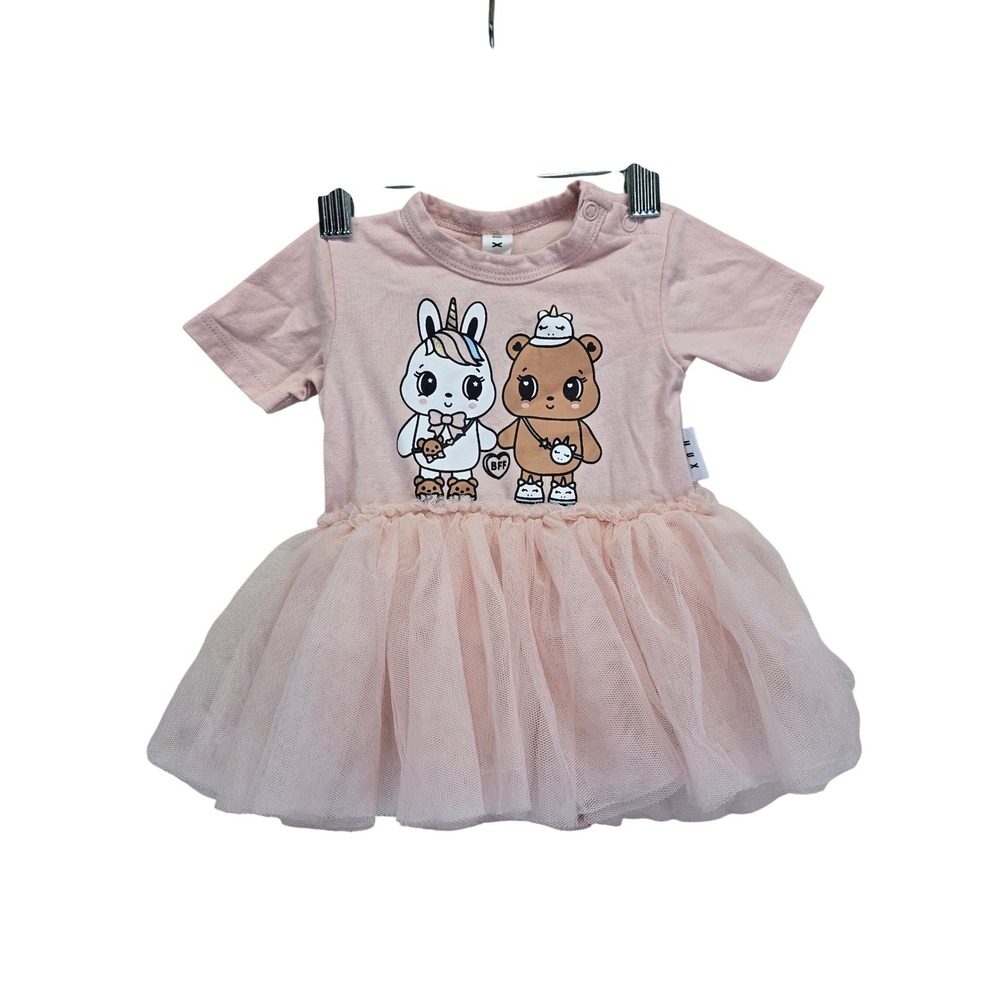 Huxbaby Pink BFF Bear Tutu Romper Dress 0-3M Short Sleeve Cotton Tulle HUX